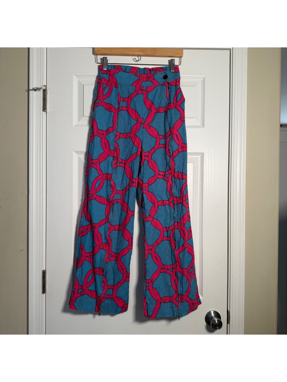 Me2 Blue & Pink Geometric Striped Rings Wide Leg Pants Front Zip Leg Detail